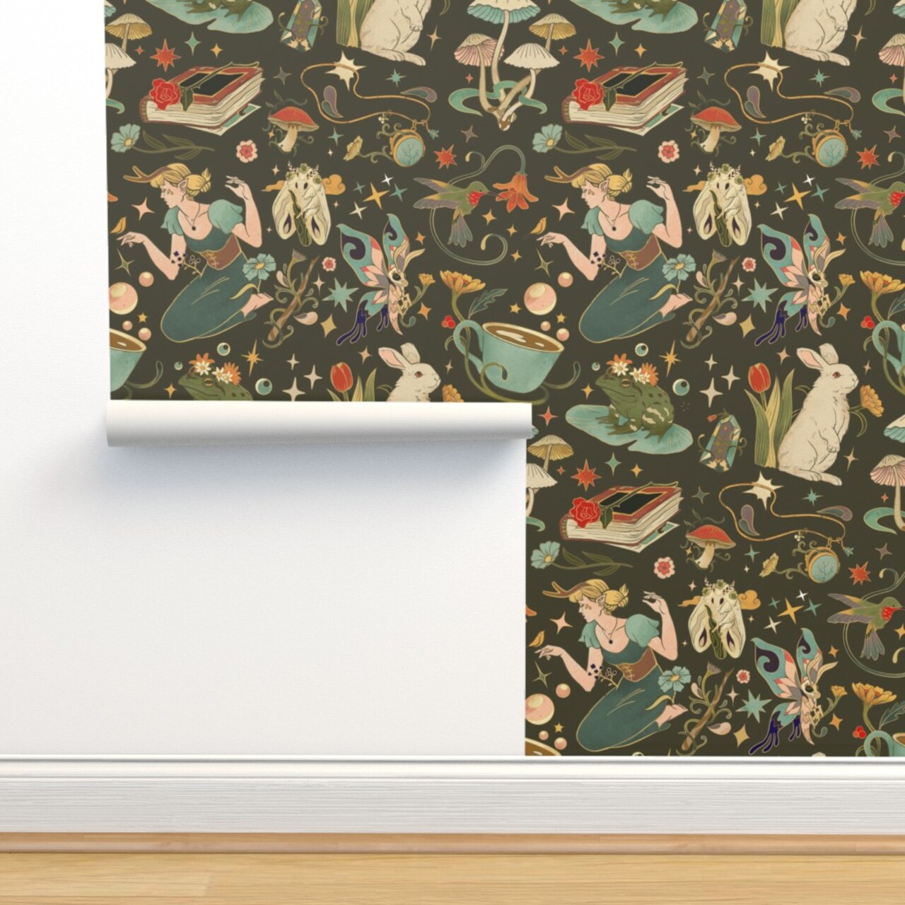 Multicolor Books Cottagecore Whimsical Story Time Nature Woodland Bunny Mushroom Frog Princess Custom Removable Wallpaper by Spoonflower Peel & Stick Wallpaper 2FT Wide